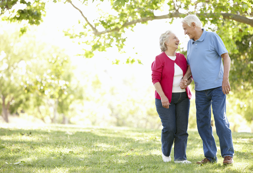 Elderly couple smiles at each other while walking in the park on a sunny day.
