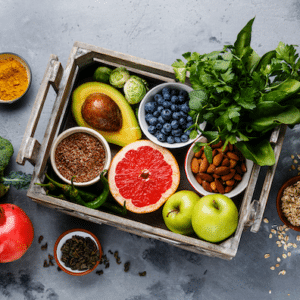 Antioxidant rich foods including avocados, fruits, and nuts